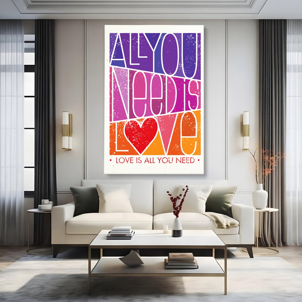 Tablou canvas cu tablou canvas motivational cu text colorat, fara rama, pe sasiu de lemn, pe perete intr-un living